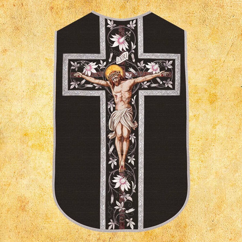 Chasuble romaine réplique noir Jésus sur la Croix