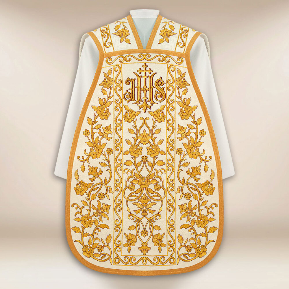 Chasuble brodée romaine avec IHS et Roses
