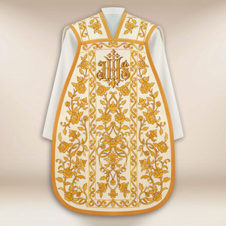 Chasuble brodée romaine avec IHS et Roses