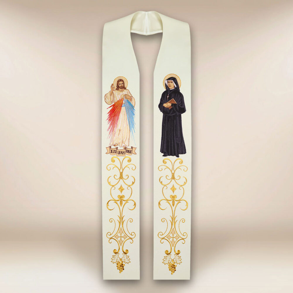 Étole brodée avec l'image de Jésus Miséricordieux et Saint Faustine