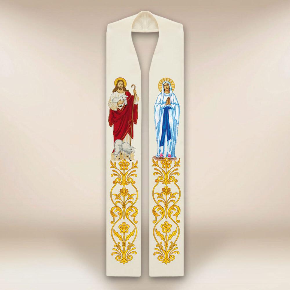 Étole brodée avec l'image de Jésus Bon Pasteur et Mère de Dieu
