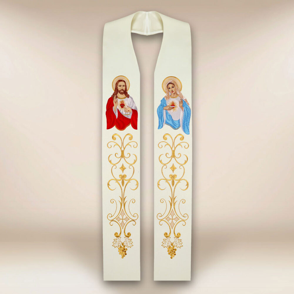 Étole brodée avec l'image du Cœur de Jésus et de Marie