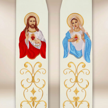 Étole brodée avec l'image du Cœur de Jésus et de Marie