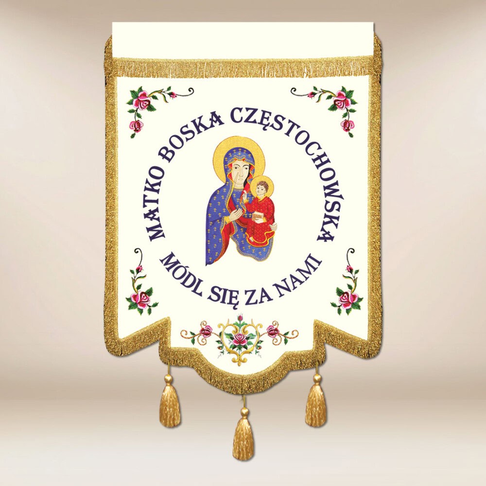 Drapeau brodé avec l'image de Notre-Dame de Częstochowa