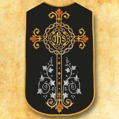 Chasuble romaine réplique noire Croix et IHS