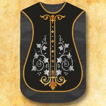 Chasuble romaine réplique noire Croix et IHS
