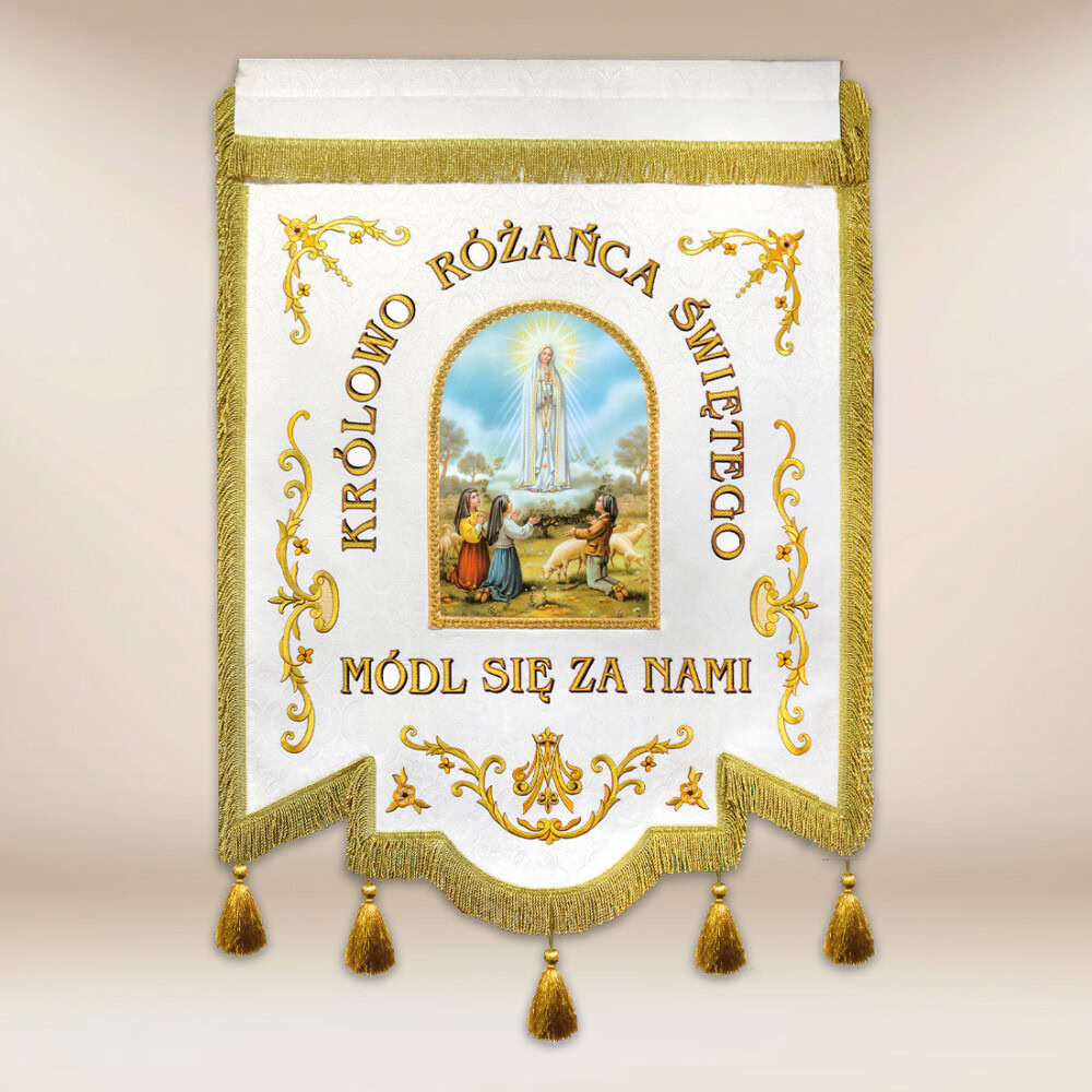 Drapeau brodé "Reine du Rosaire" avec inscription personnalisée