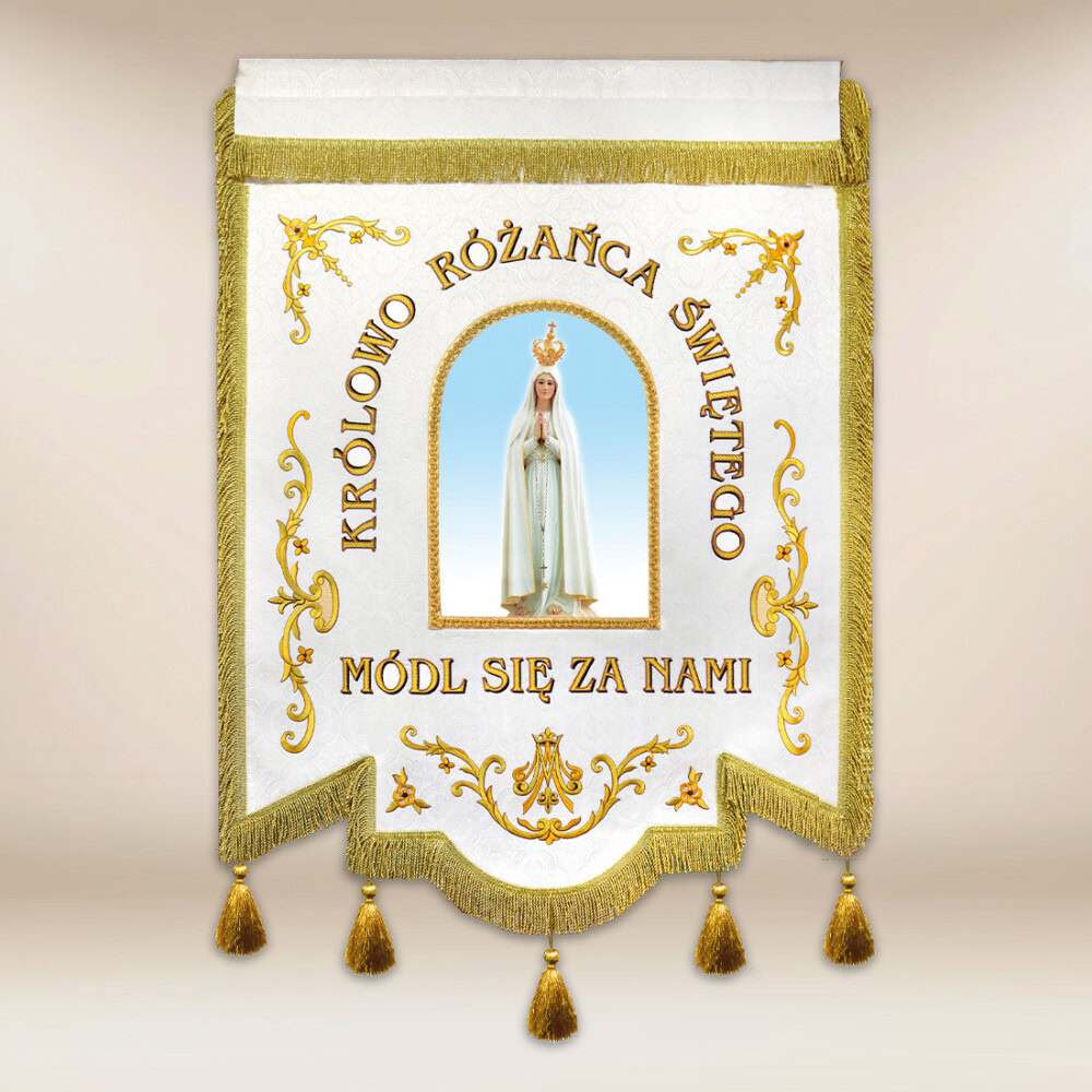 Drapeau brodé "Reine du Rosaire" avec inscription personnalisée