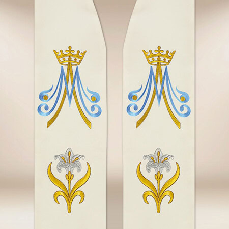 Étole liturgique brodée avec motif marial écru