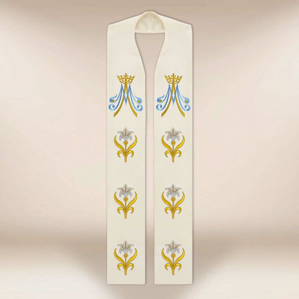 Étole liturgique brodée avec motif marial écru