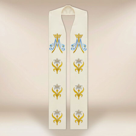 Étole liturgique brodée avec motif marial écru