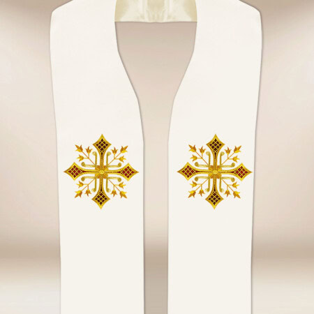 Étole liturgique brodée ecru avec motif de croix