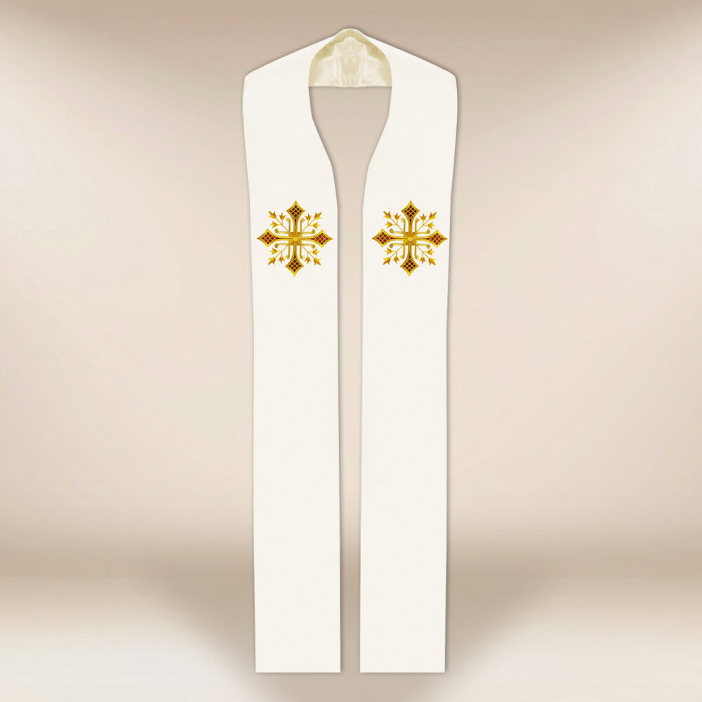Étole liturgique brodée ecru avec motif de croix