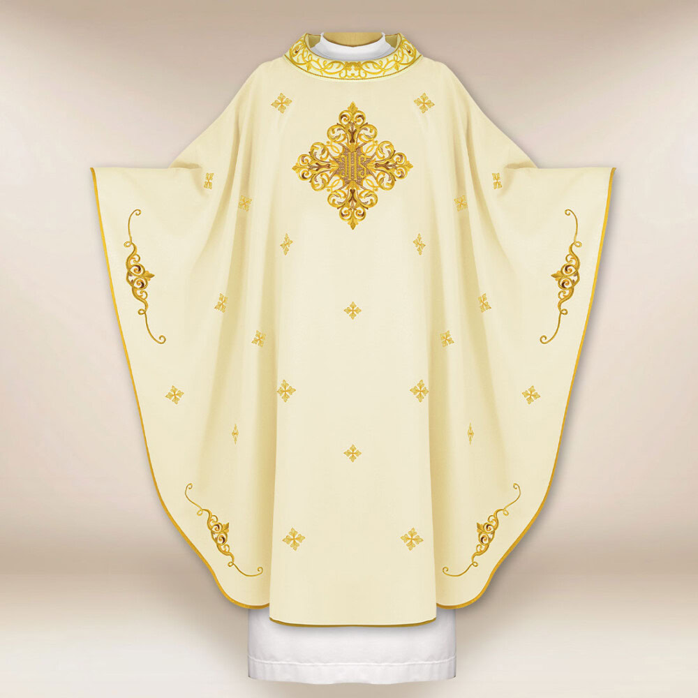 Chasuble liturgique avec broderie IHS