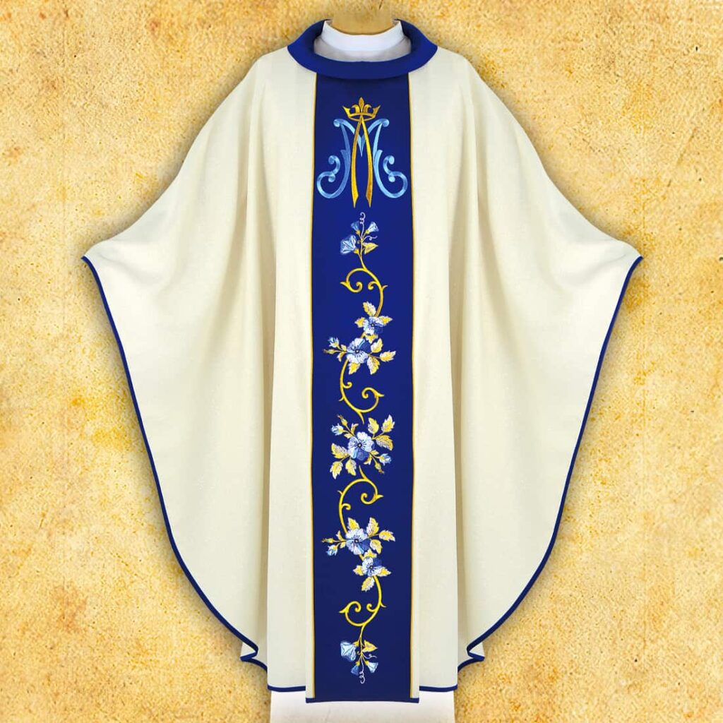 Chasuble liturgique mariale en couleur écru