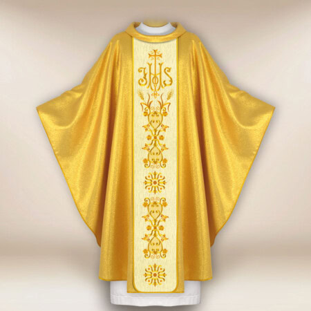 Chasuble dorée liturgique avec IHS