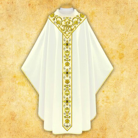 Chasuble brodée écrue avec une bande dorée