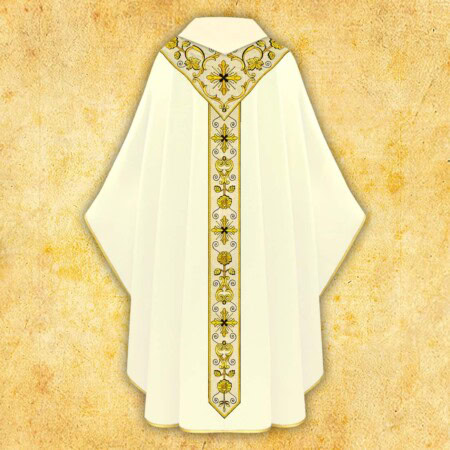Chasuble brodée écrue avec une bande dorée