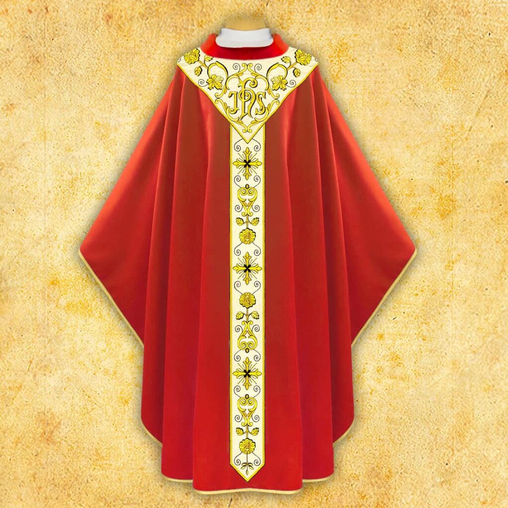 Chasuble brodée rouge avec une bande dorée
