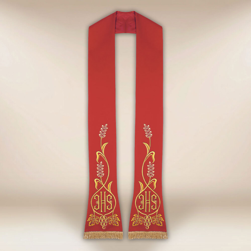 Étole liturgique brodée IHS rouge