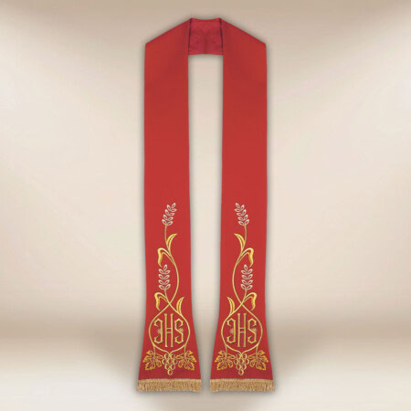 Étole liturgique brodée IHS rouge