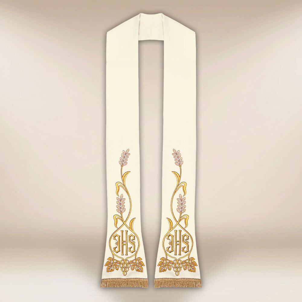 Étole liturgique brodée IHS écru