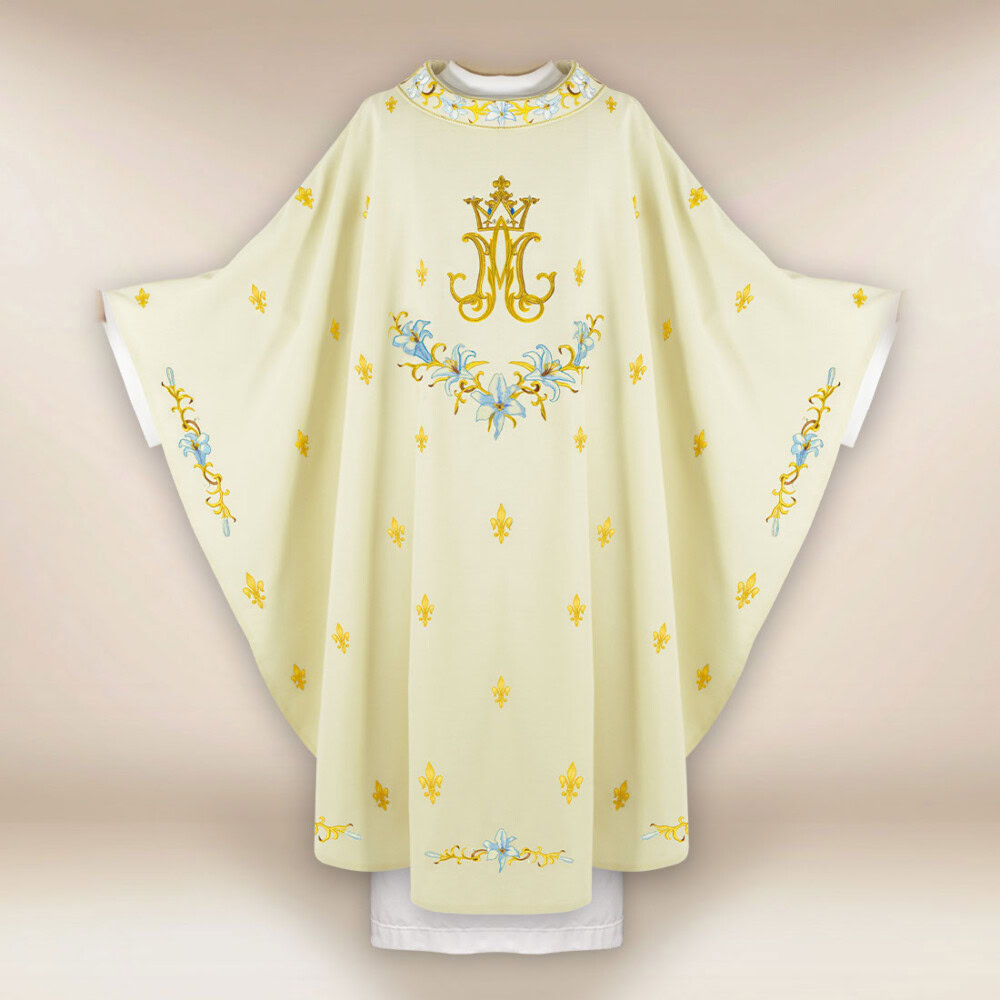 Chasuble liturgique mariale en couleur écrue