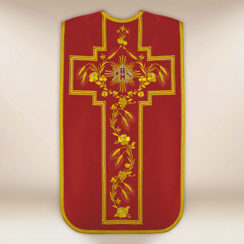 Chasuble brodée romaine IHS rouge