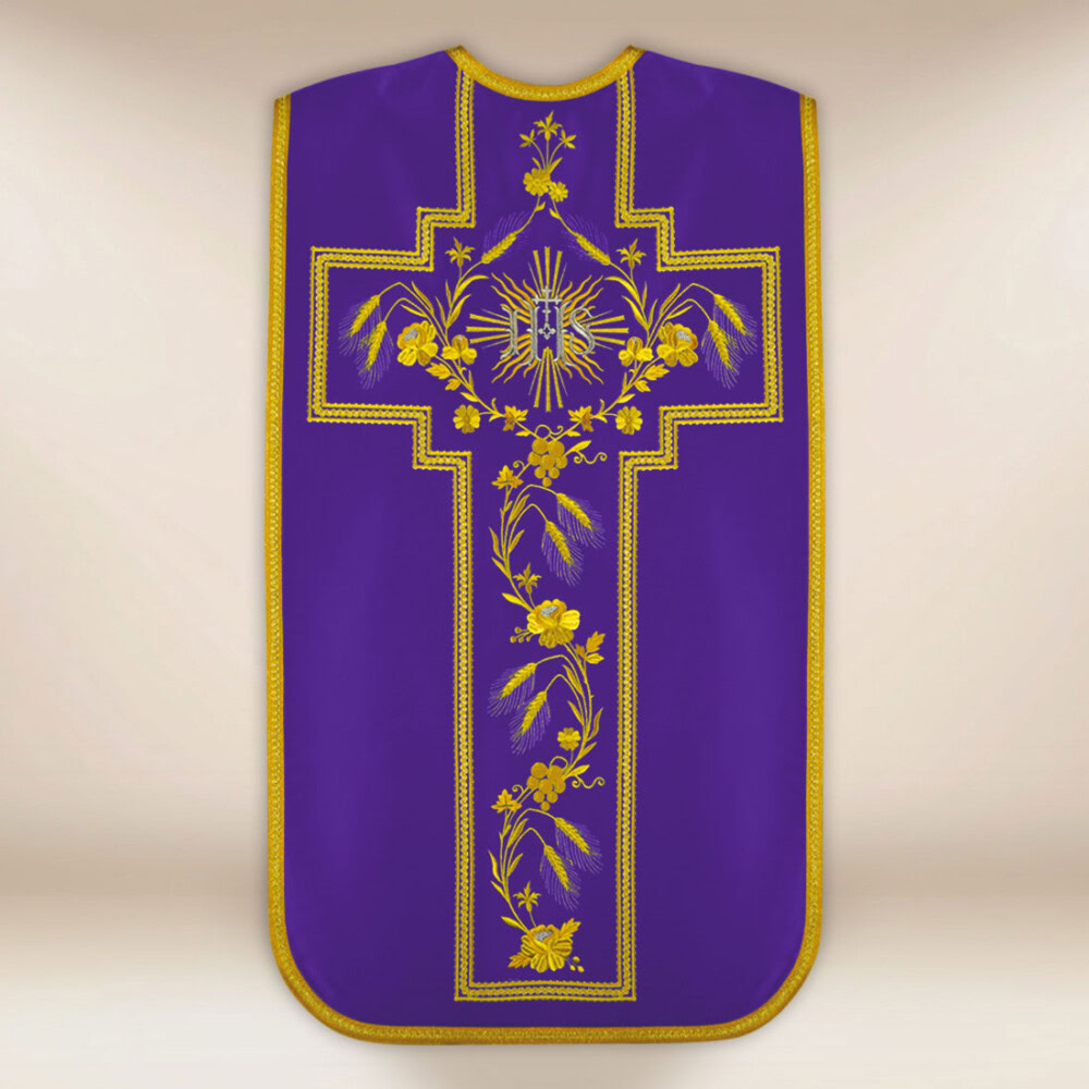 Chasuble brodée romaine IHS violette