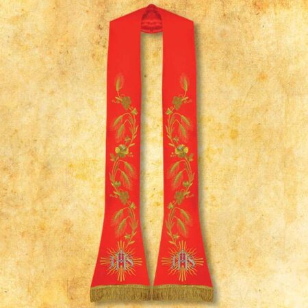 Étole liturgique brodée romaine IHS rouge