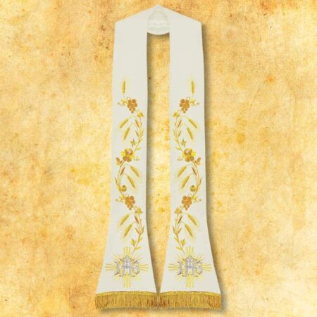 Étole liturgique brodée romaine IHS écru