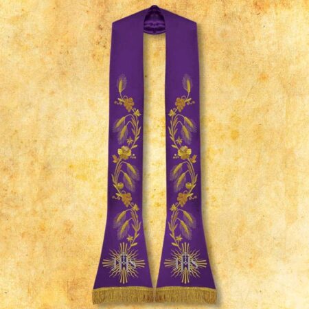 Étole liturgique brodée romaine IHS violette