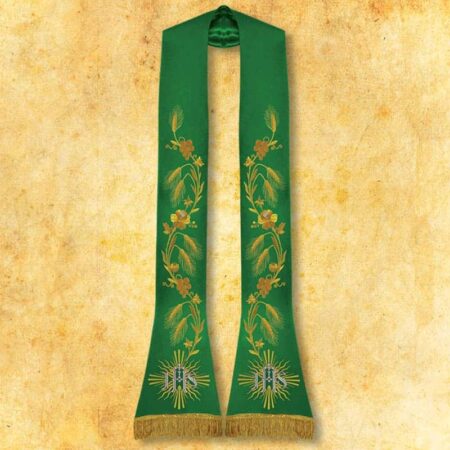 Étole liturgique brodée romaine IHS verte