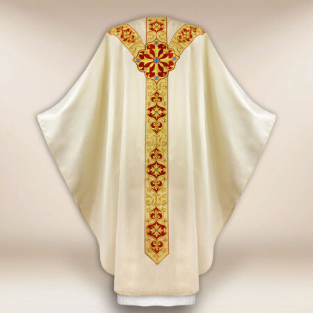 Chasuble liturgique brodée ecru avec le syNotre-Dameole IHS