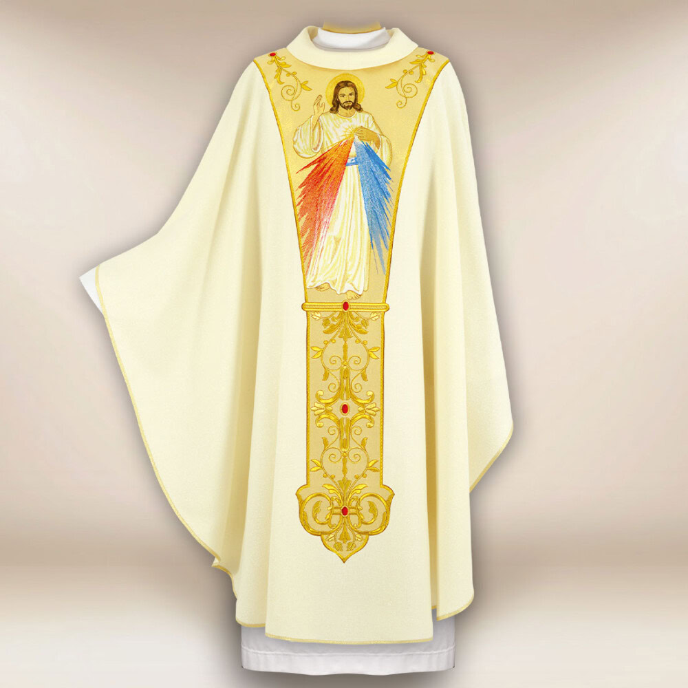 Chasuble liturgique brodée ecru Jésus Miséricordieux