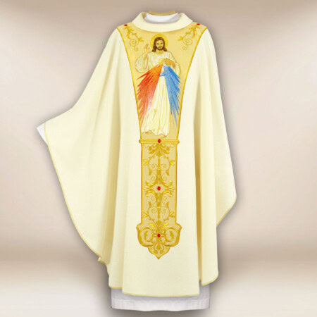 Chasuble liturgique brodée ecru Jésus Miséricordieux