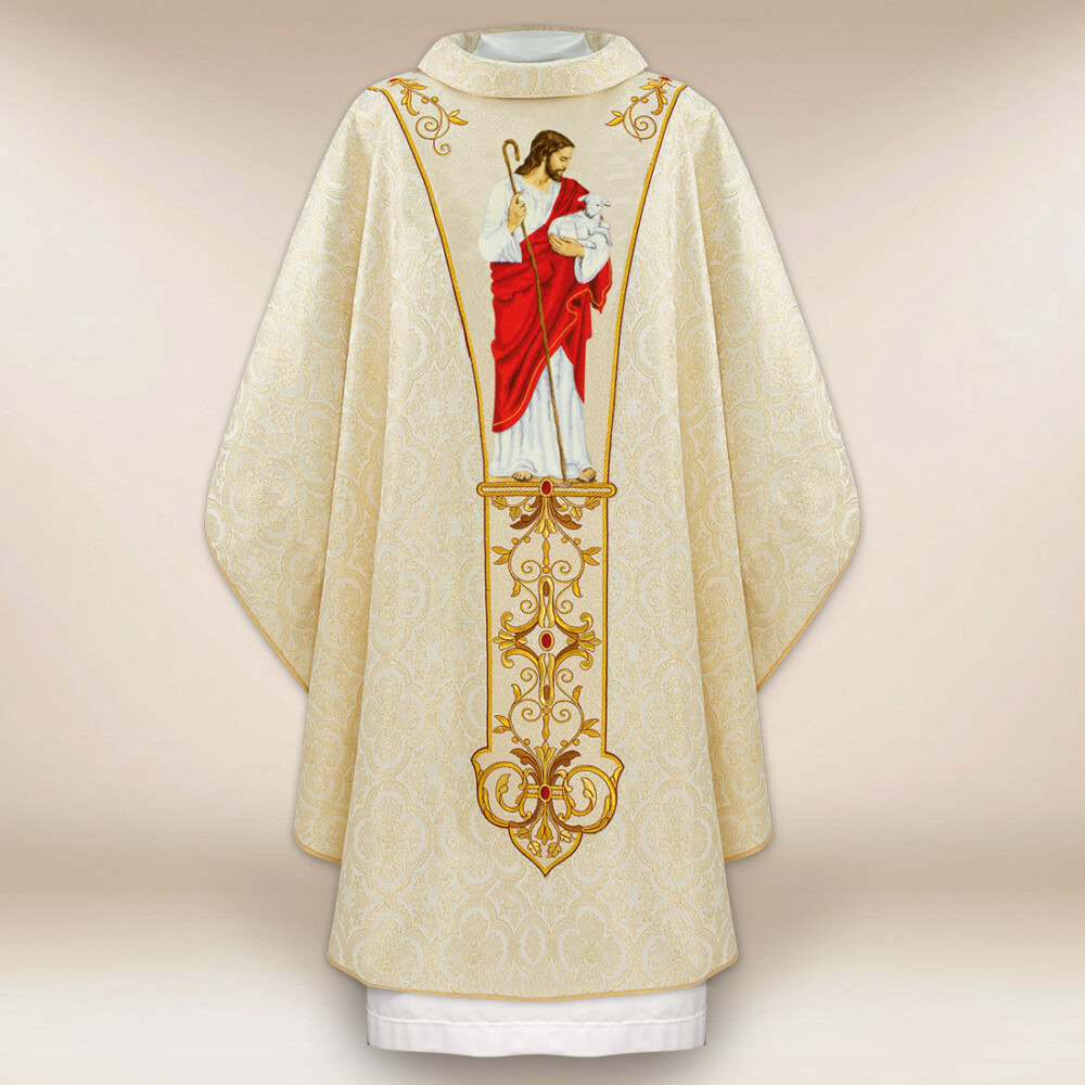 Chasuble liturgique Jésus Bon Pasteur brodée