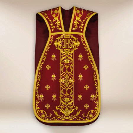 Chasuble romaine brodée avec IHS bordeaux