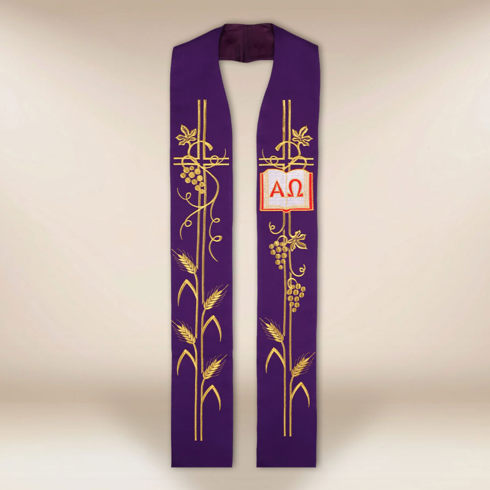 Étole brodée Alpha Omega violette