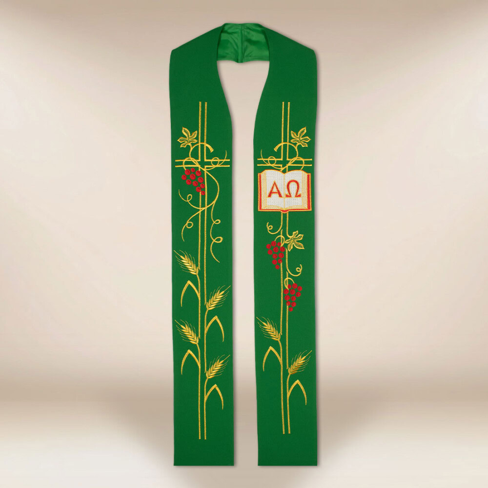 Étole brodée Alpha et Oméga verte