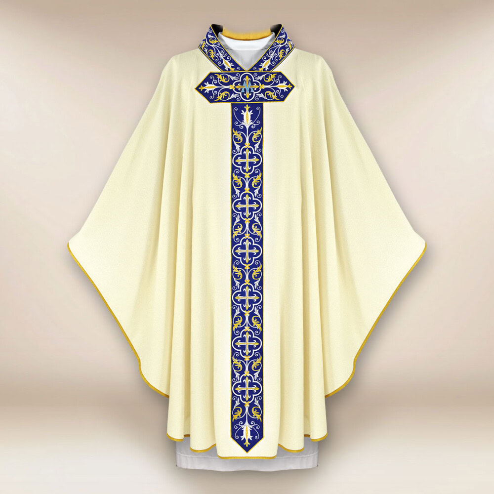 Chasuble liturgique mariale en couleur écrue