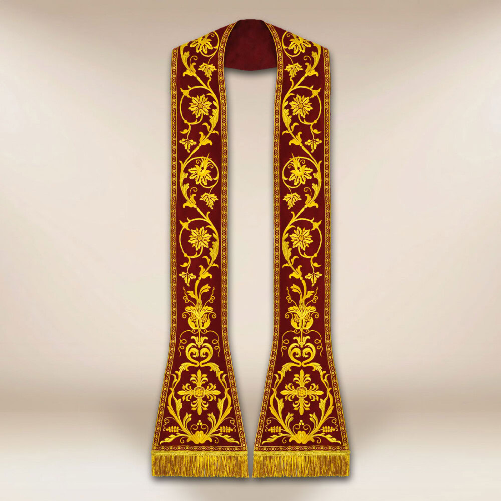Étole romaine liturgique brodée bordeaux