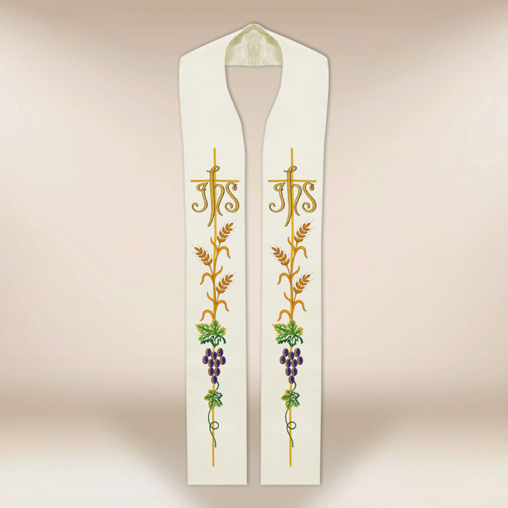 Étole liturgique brodée IHS écru