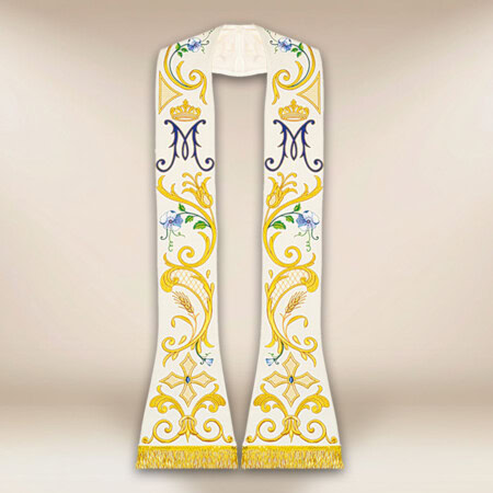Étole liturgique brodée romaine avec motif marial