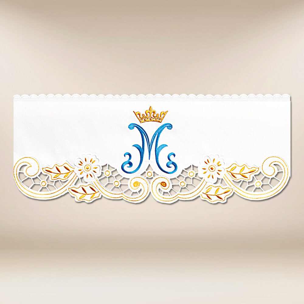 Dentelle Mariale avec broderie or-bleu d'une hauteur de 23cm