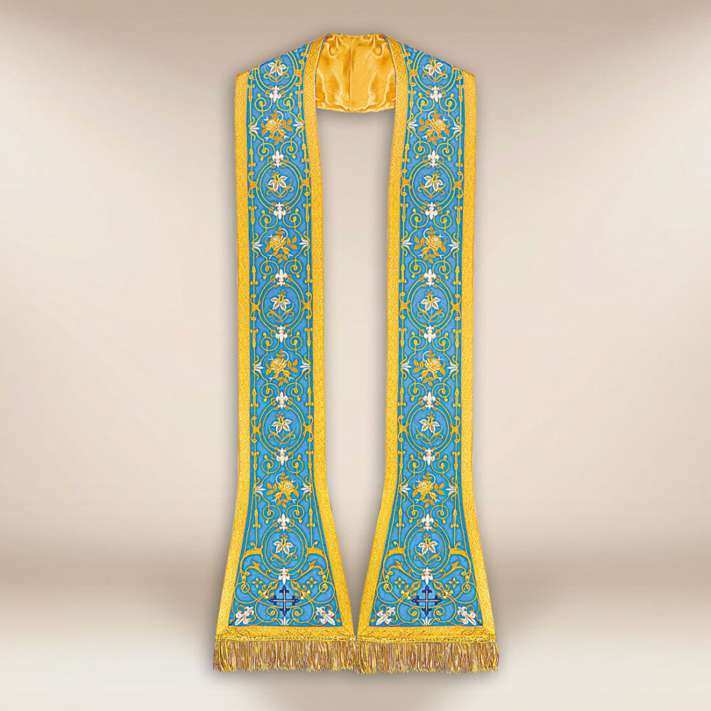 Étole liturgique mariale brodée bleue