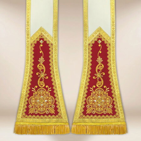 Étole romaine écrue avec panneaux bordeaux et broderie dorée