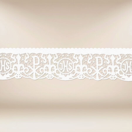 Dentelle brodée avec un motif IHS en blanc