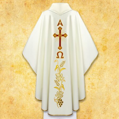 Chasuble liturgique brodée Alfa Omega écru