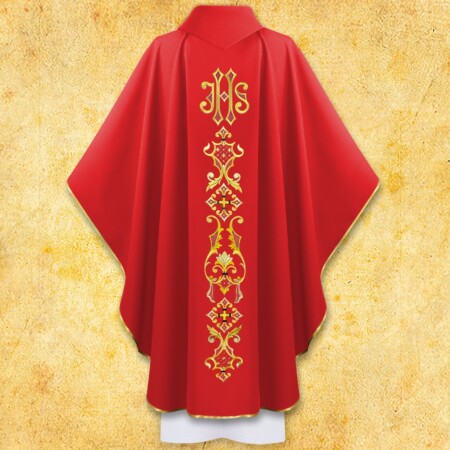 Chasuble liturgique brodée rouge avec le syNotre-Dameole IHS